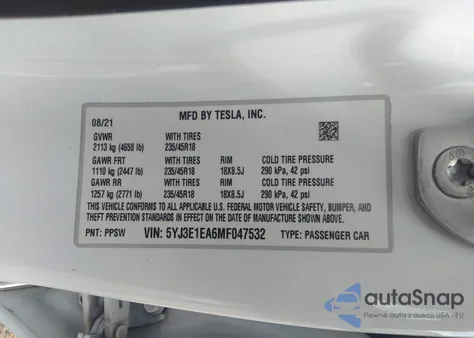 2021 Tesla Model 3 Standard Range Plus Rear-Wheel Drive из США, поврежденный, VIN 5YJ3E1EA6MF047532